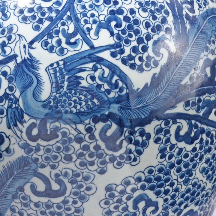 Phoenix Detail From Blue & White Porcelain Temple Jar - Phoenix In Blossoms | Indigo Antiques