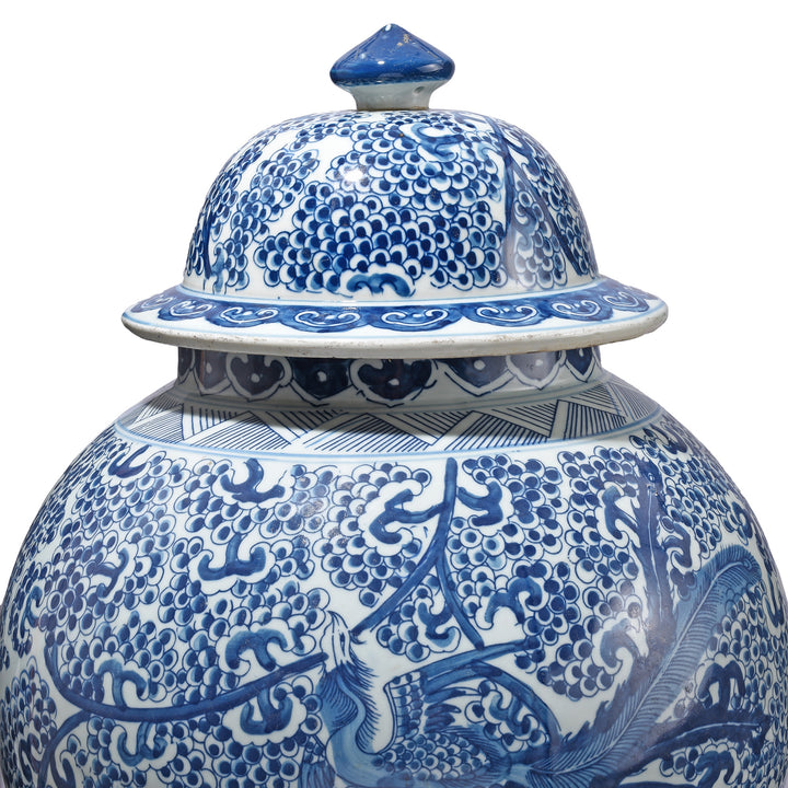 Lid Detail From Blue & White Porcelain Temple Jar - Phoenix In Blossoms | Indigo Antiques