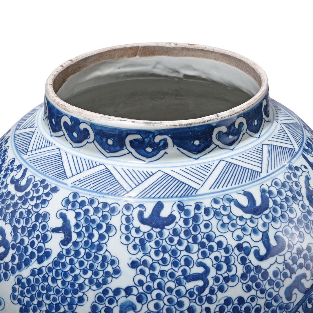 Rim Detail From Blue & White Porcelain Temple Jar - Phoenix In Blossoms | Indigo Antiques