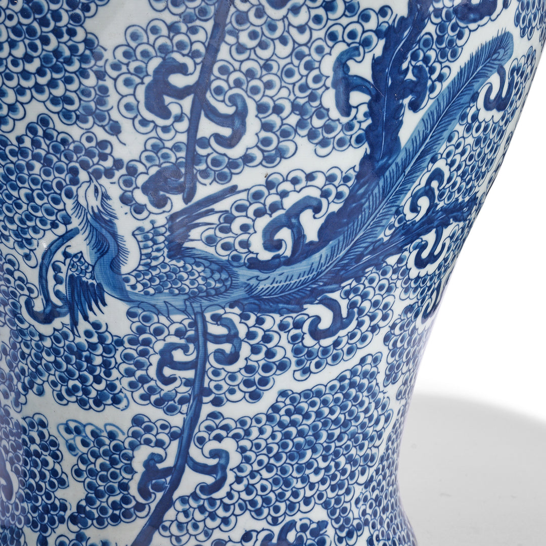 Phoenix Design Detail From Blue & White Porcelain Temple Jar - Phoenix In Blossoms | Indigo Antiques
