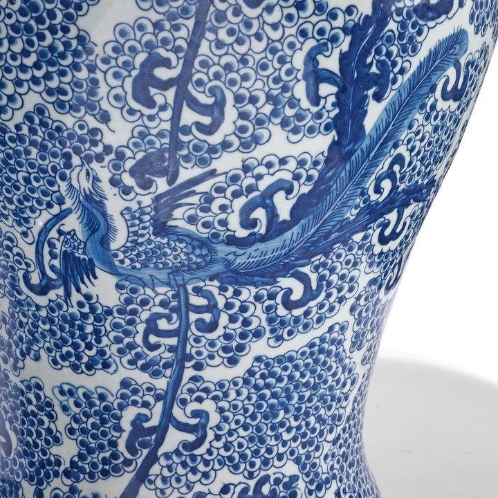 Phoenix Design Detail From Blue & White Porcelain Temple Jar - Phoenix In Blossoms | Indigo Antiques