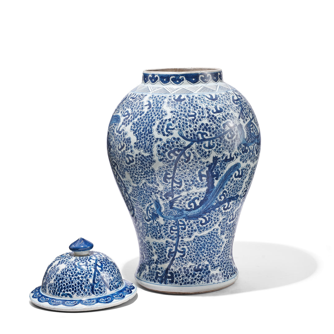 Lid Off View Of Blue & White Porcelain Temple Jar - Phoenix In Blossoms | Indigo Antiques