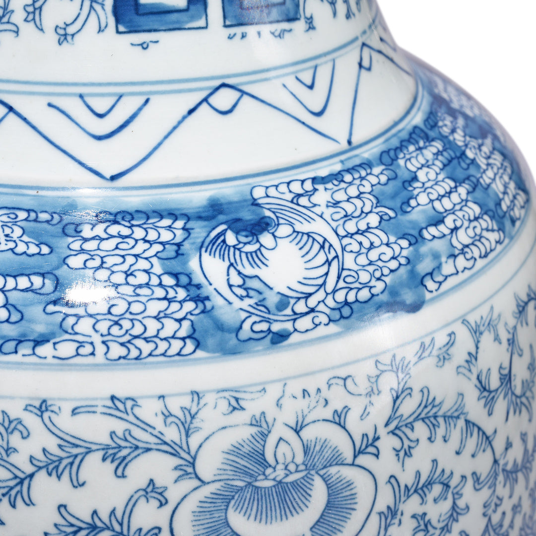 Bat Detail From Blue & White Porcelain Fengweizun Double Happiness Vase | Indigo Antiques