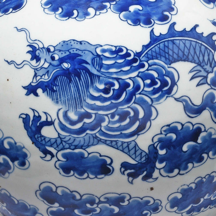 Dragon And Clouds Detail From Handmade Chinese Reproduction Blue & White Porcelain Ginger Jar - Dragon Design