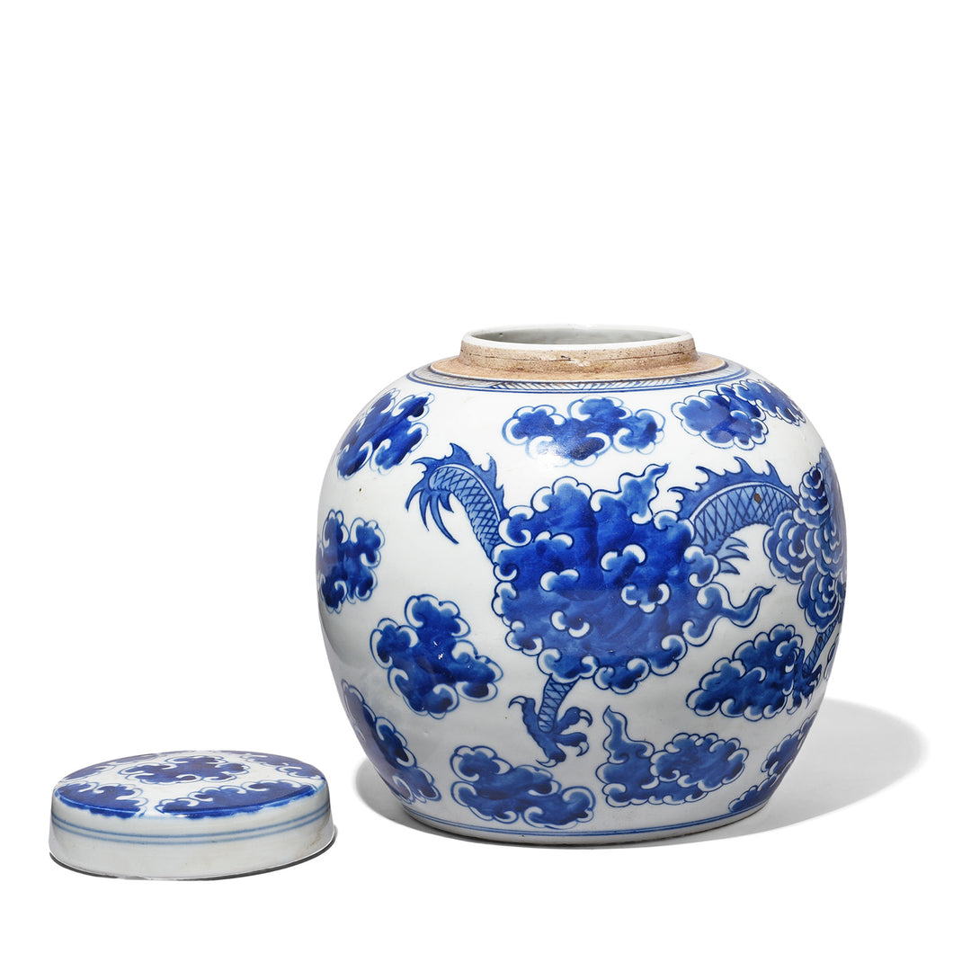 Handmade Chinese Reproduction Blue & White Porcelain Ginger Jar With Lid - Dragon Design