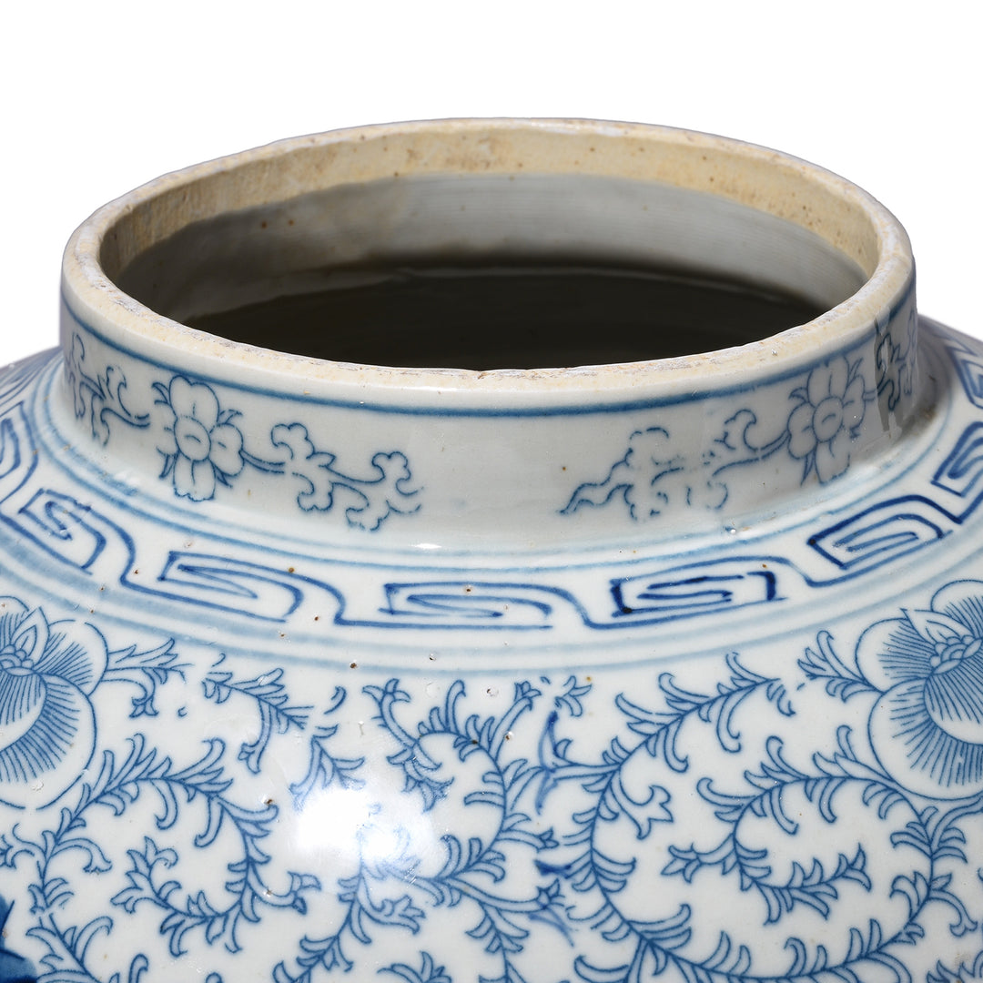 Rim Detail From Blue & White Porcelain Temple Jar - Double Happiness Design | Indigo Antiques