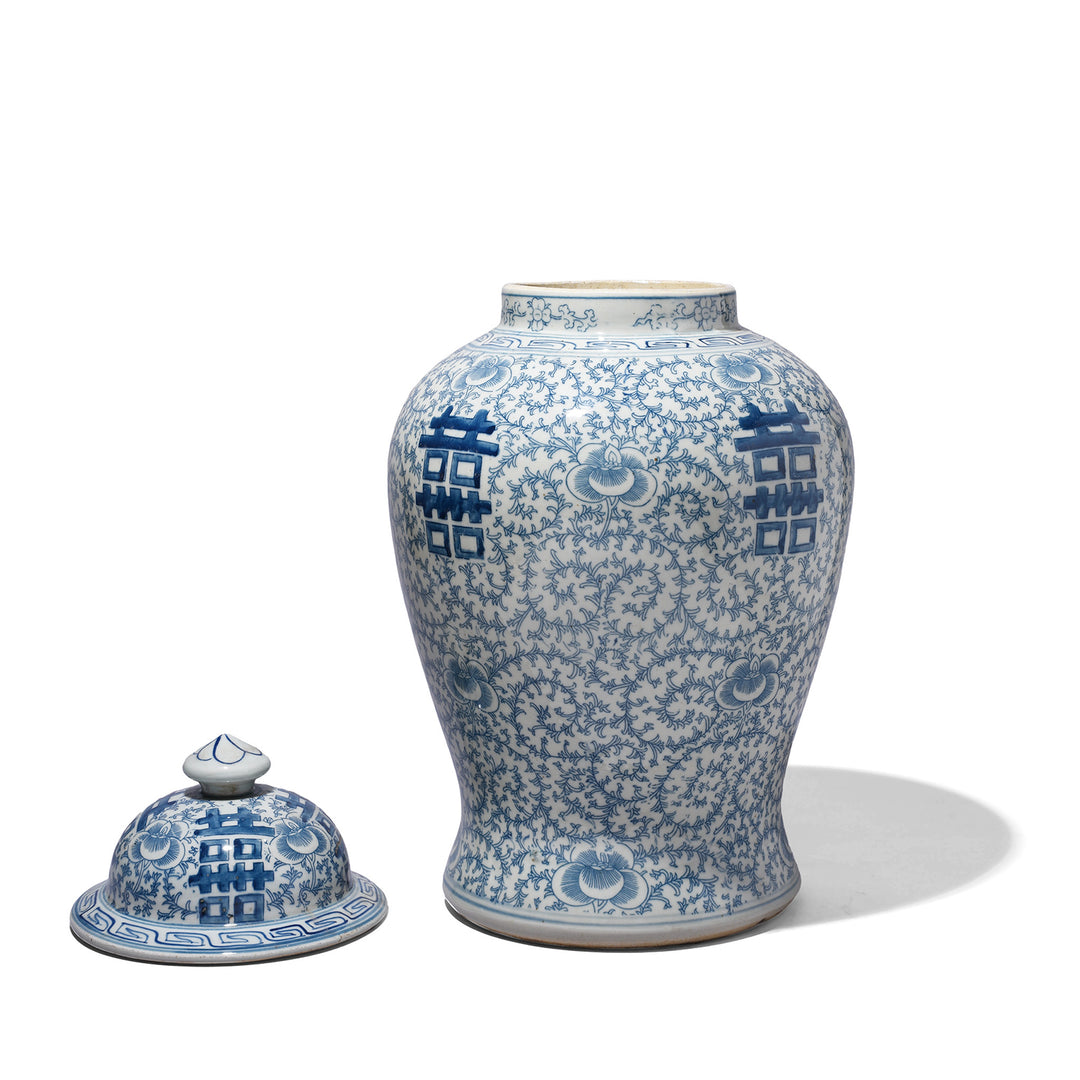 Lid Off View Of Blue & White Porcelain Temple Jar - Double Happiness Design | Indigo Antiques