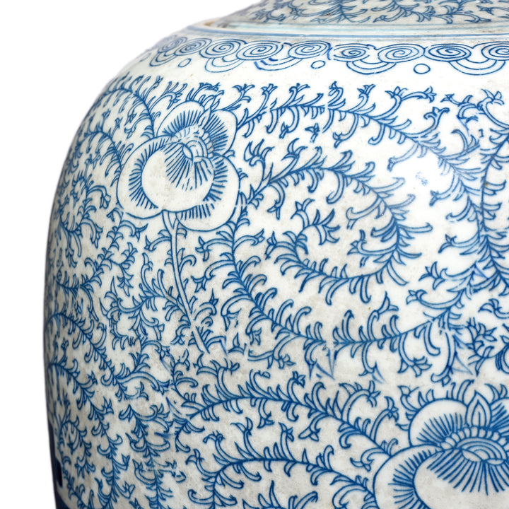 Floral Detail From Blue & White Chinese Porcelain Ginger Jar - Double Happiness Design | Indigo Antiques