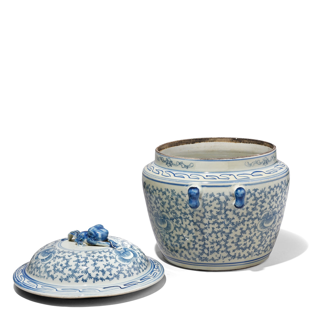 Lid Off View Of Blue & White Porcelain Lidded Rice Jar - Frog | Indigo Antiques