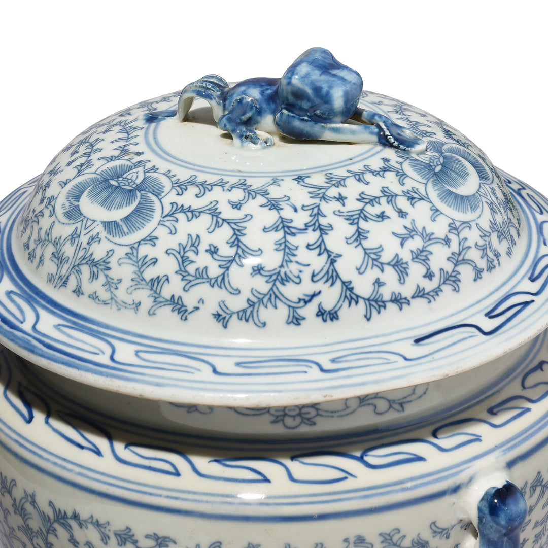 Lid Detail Showing Frog From Blue & White Porcelain Lidded Rice Jar - Frog | Indigo Antiques