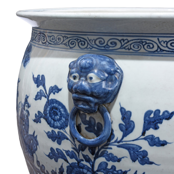 Lion Head Handle Detail From Porcelain Fish Bowl Planter With Pastoral Scene | Indigo Antiques