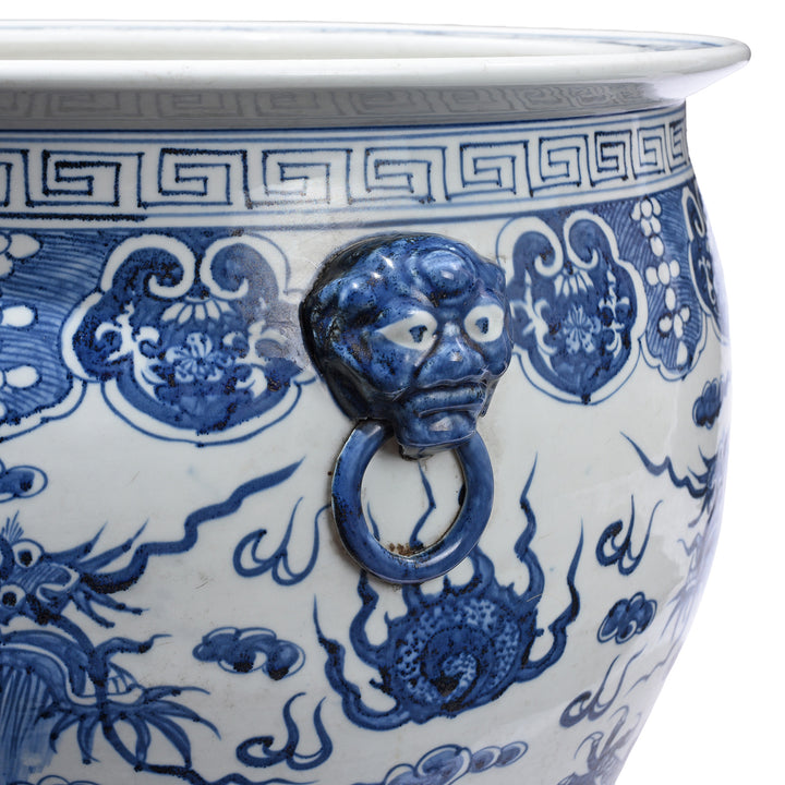Lion Head Handle Detail From Porcelain Fish Bowl Planter With Dragons | Indigo Antiques