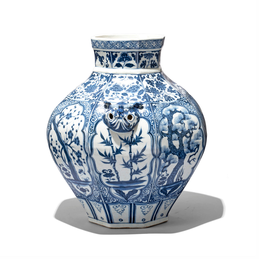 Reproduction Chinese Cobalt Blue & White Porcelain Octagonal Wine Jar Vase | Indigo Antiques