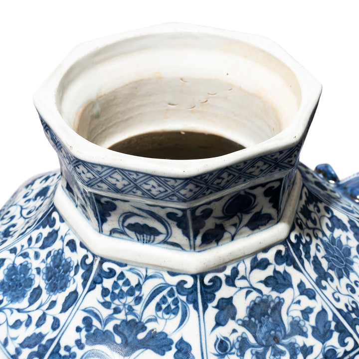 Mouth of a Reproduction Chinese Cobalt Blue & White Porcelain Octagonal Wine Jar Vase | Indigo Antiques