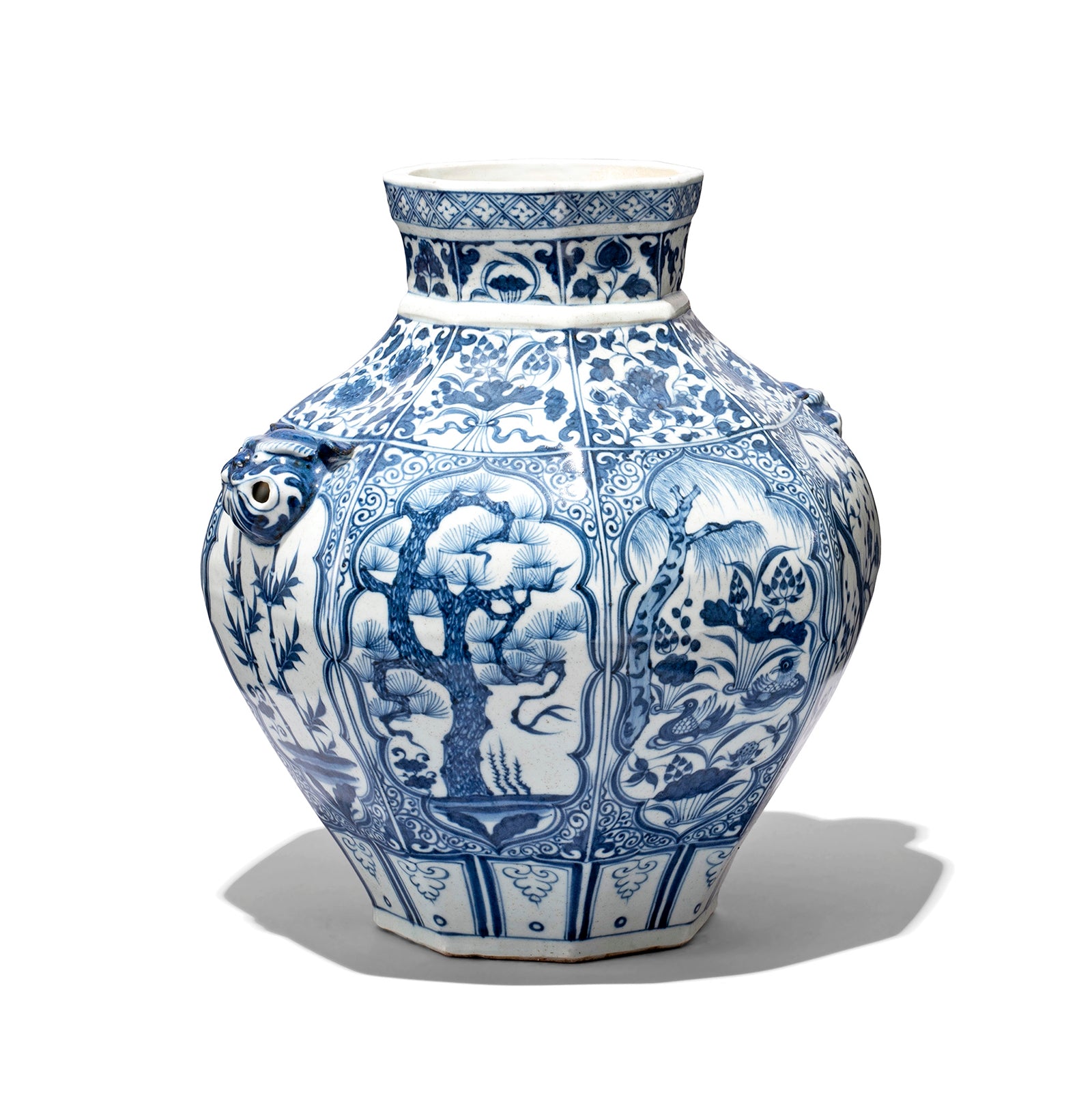 Reproduction Chinese Cobalt Blue & White Porcelain Octagonal Wine Jar Vase | Indigo Antiques