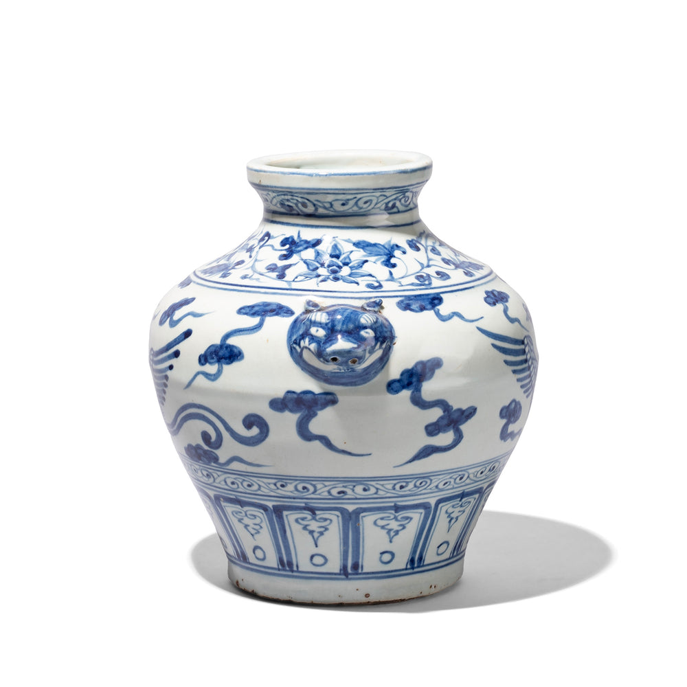 View Of Lion Head Handle On Small Phoenix Blue And White Wine Jar | Indigo Antiques 