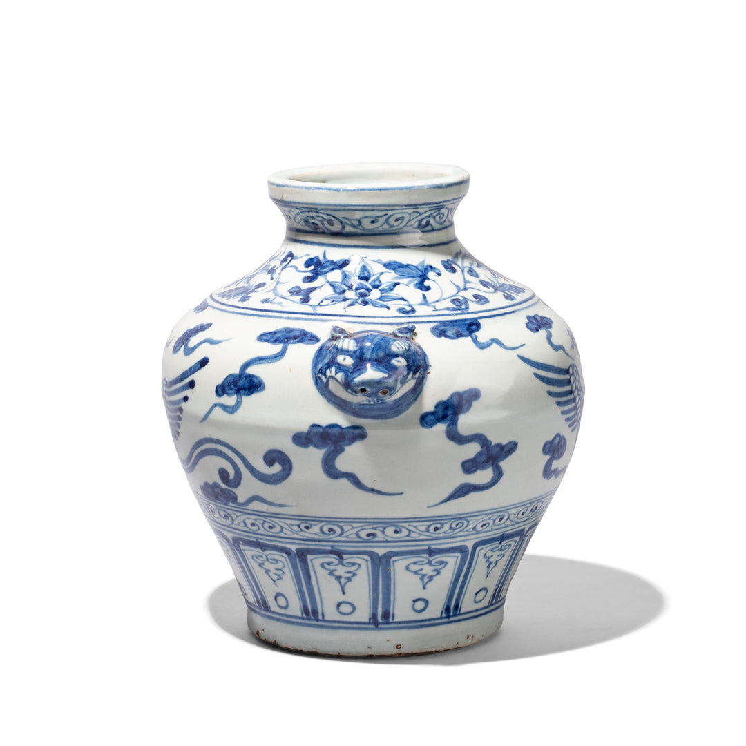 View Of Lion Head Handle On Small Phoenix Blue And White Wine Jar | Indigo Antiques 