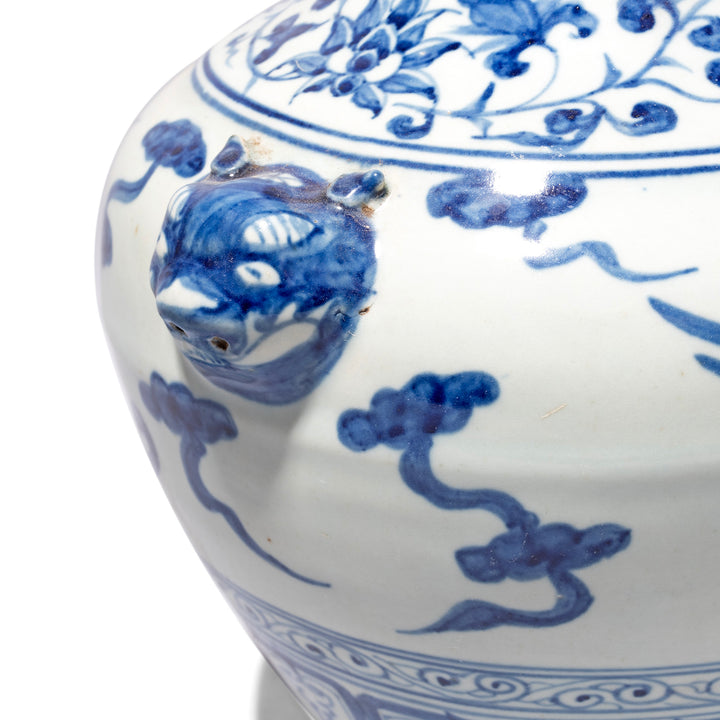 Detail Of Lion Head Handle On Small Phoenix Blue And White Wine Jar | Indigo Antiques 