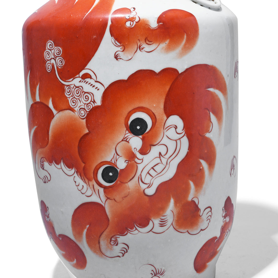 Snow Lion Detail From Burnt Orange Porcelain Vase - Snow Lions | Indigo Antiques