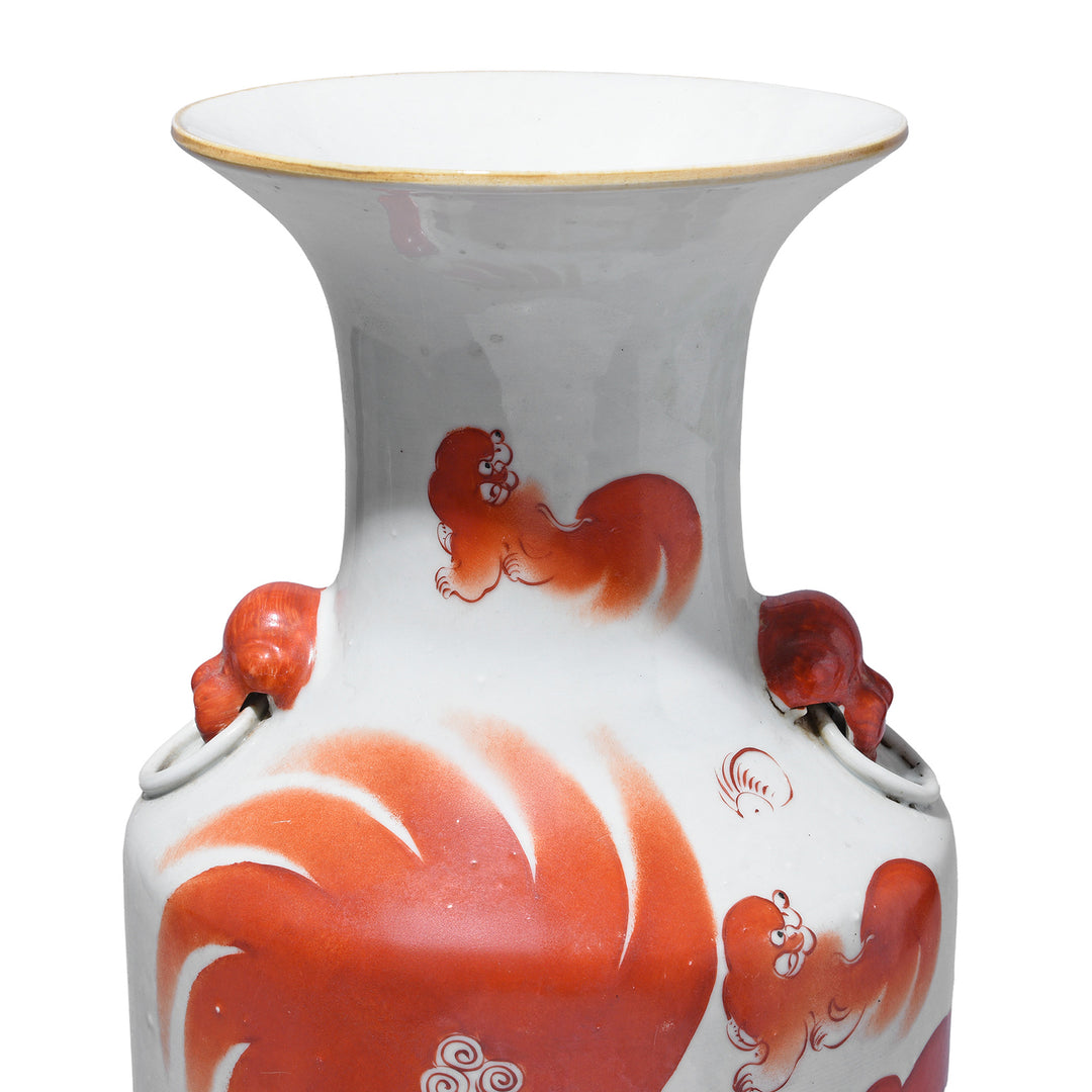 Neck Detail From Burnt Orange Porcelain Vase - Snow Lions | Indigo Antiques