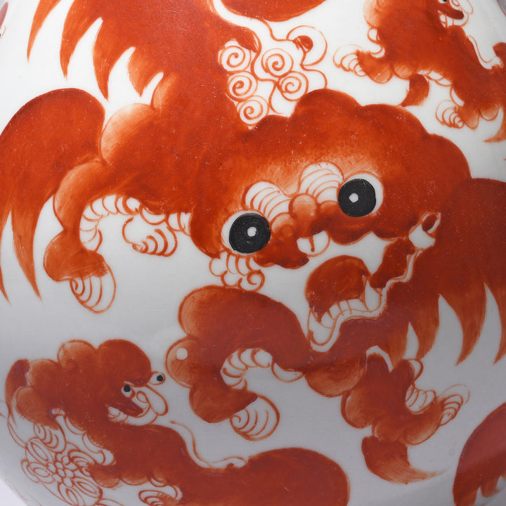 Lion Detail From Burnt Orange Porcelain Vase - Snow Lions | Indigo Antiques
