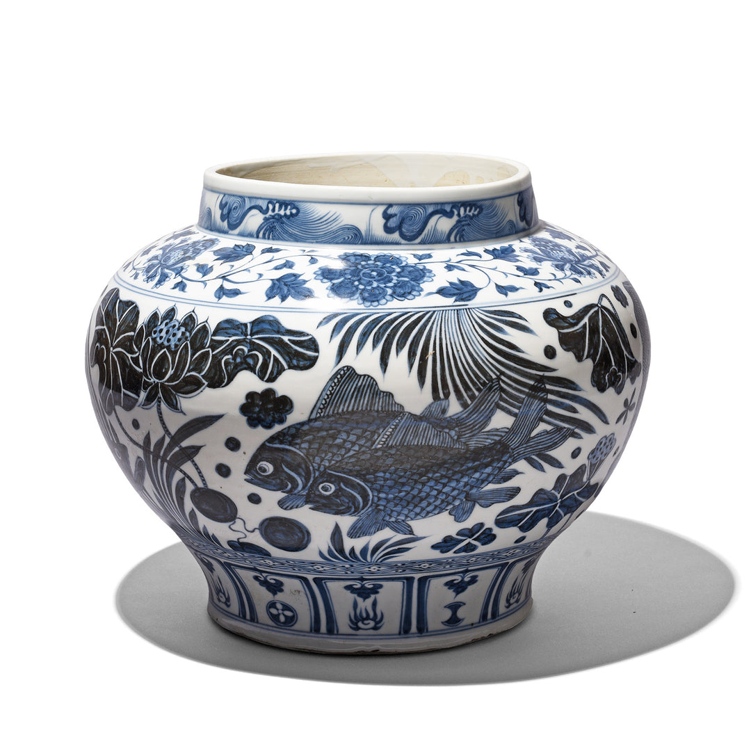 Blue & White Porcelain Jardinière - Fish Design | Indigo Antiques