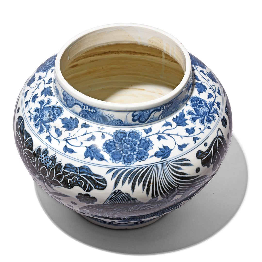 Inside Of Blue & White Porcelain Jardinière - Fish Design | Indigo Antiques