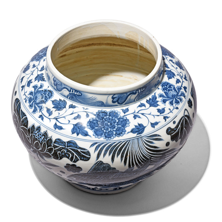 Inside Of Blue & White Porcelain Jardinière - Fish Design | Indigo Antiques