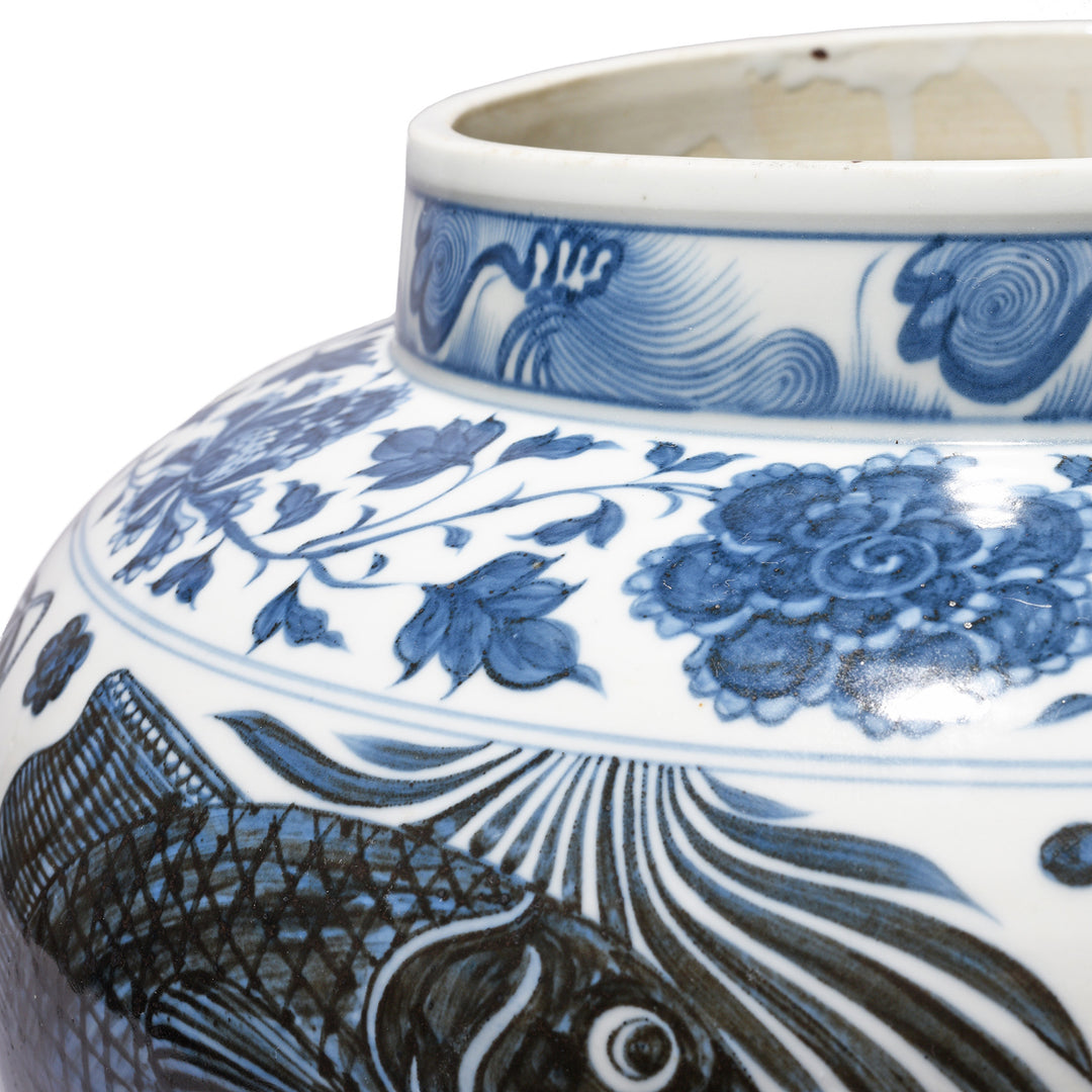 Rim Destail From Blue & White Porcelain Jardinière - Fish Design | Indigo Antiques