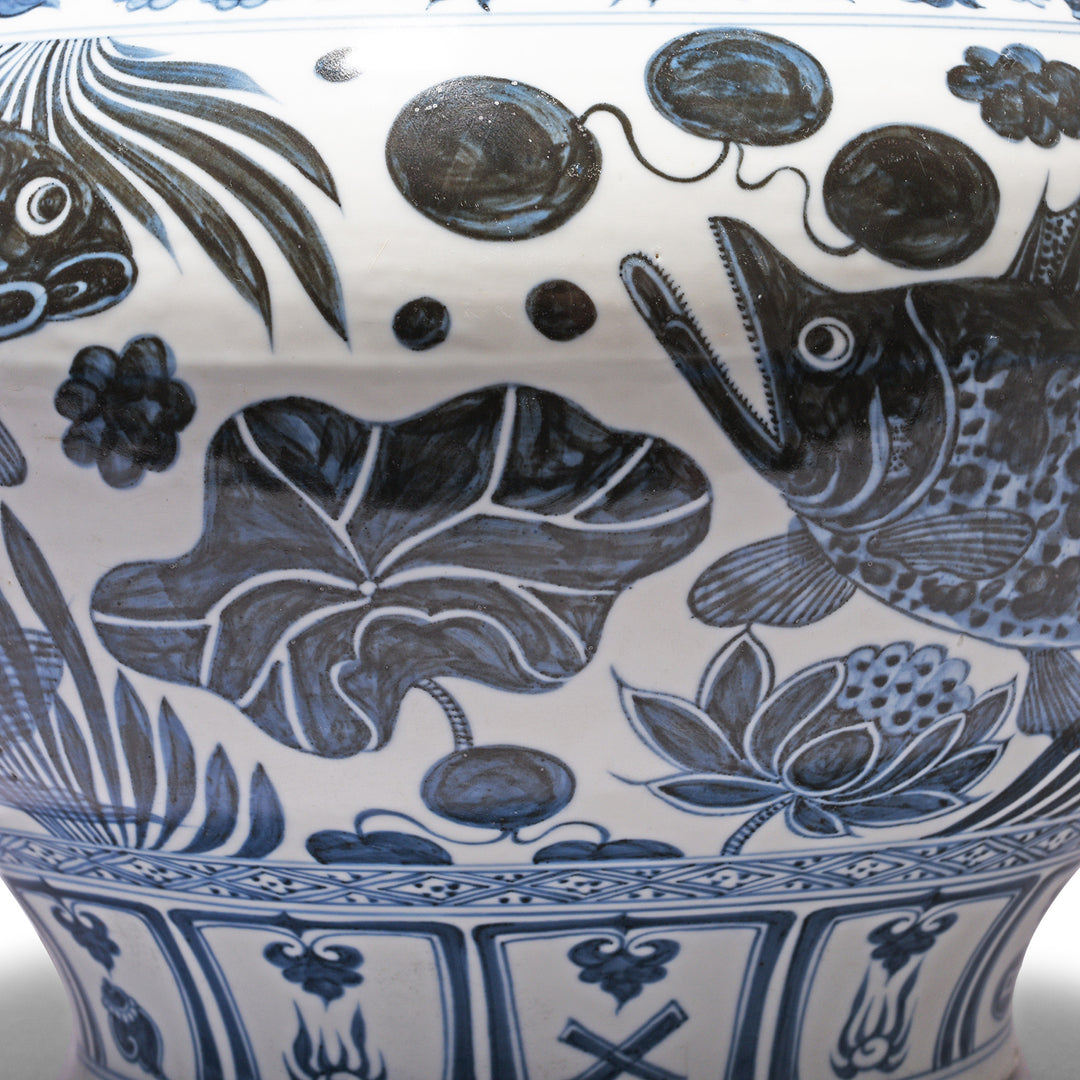 Detail From Blue & White Porcelain Jardinière - Fish Design | Indigo Antiques