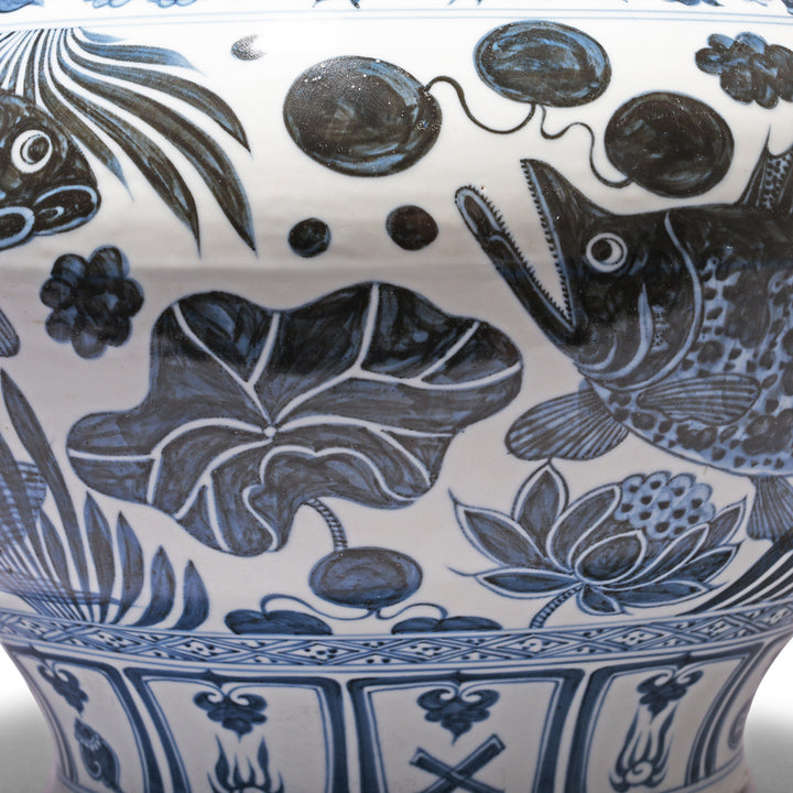 Detail From Blue & White Porcelain Jardinière - Fish Design | Indigo Antiques