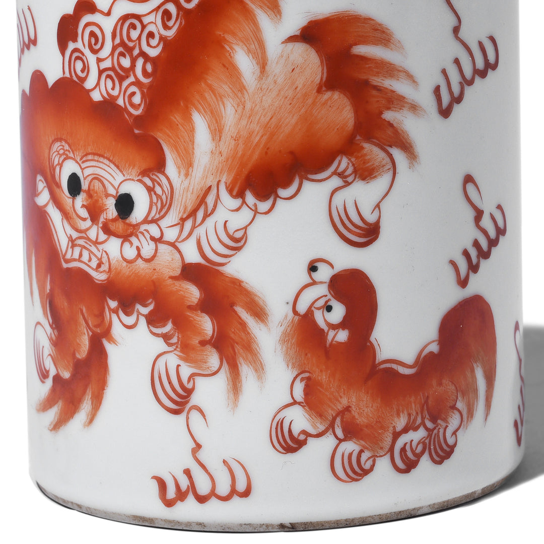 Detail from Porcelain Calligraphy Brush Pot - Foo Dog | Indigo Antiques