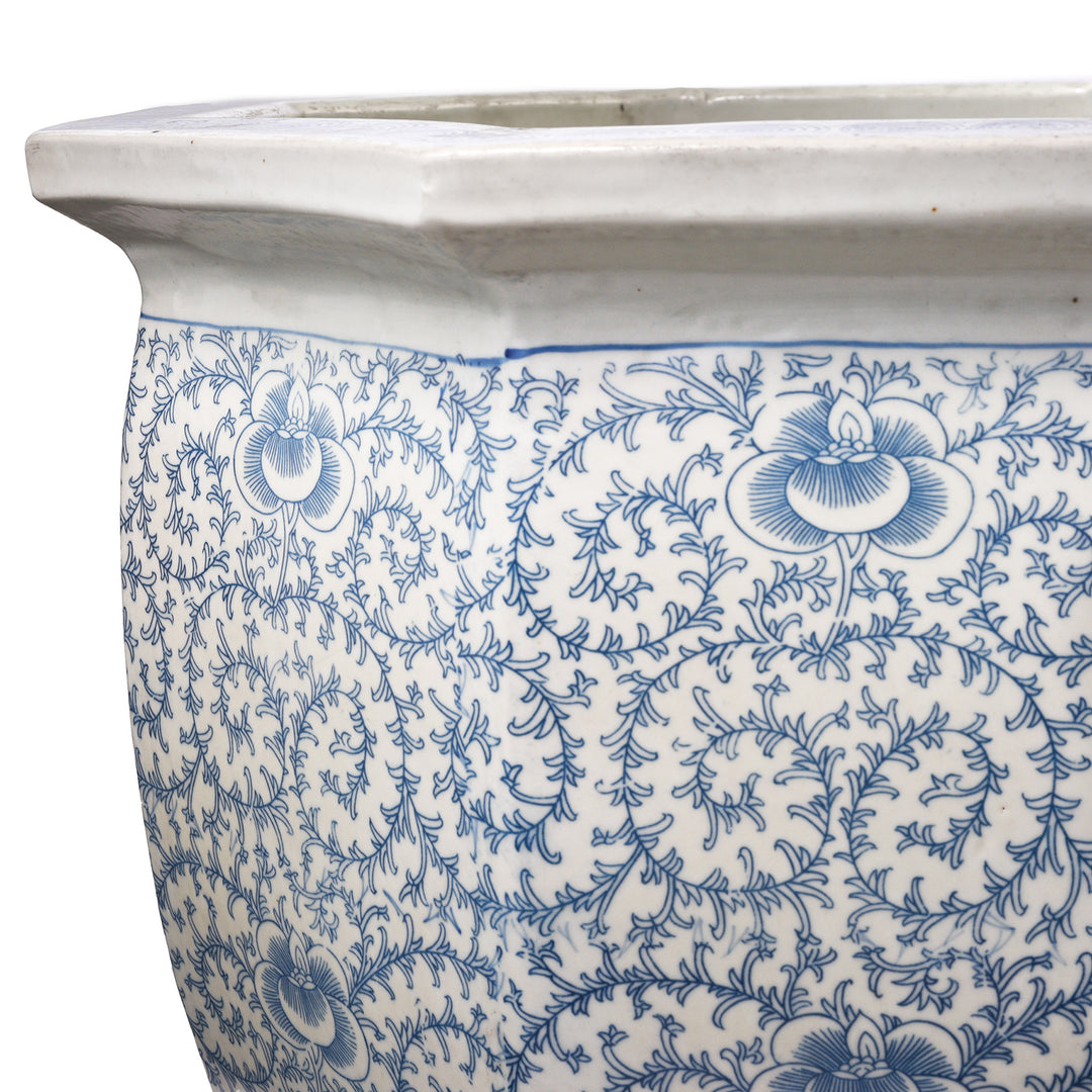 Rim Detail From Blue & White Porcelain Octagonal Fish Bowl Planter | Indigo Antiques