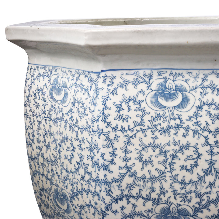 Rim Detail From Blue & White Porcelain Octagonal Fish Bowl Planter | Indigo Antiques