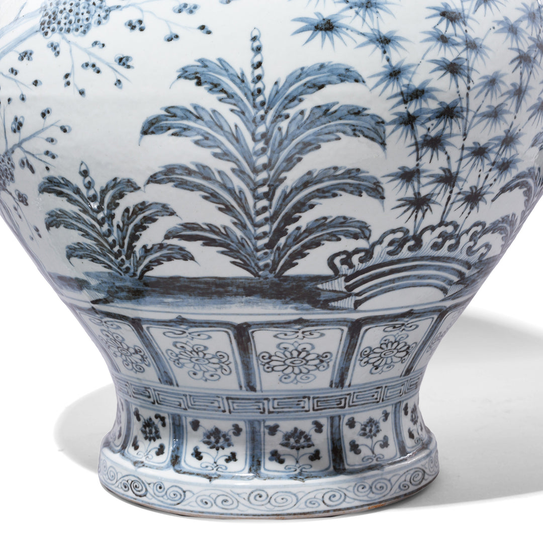 Base Detail From Blue & White Porcelain Frilled Temple Jar With Lid | Indigo Antiques