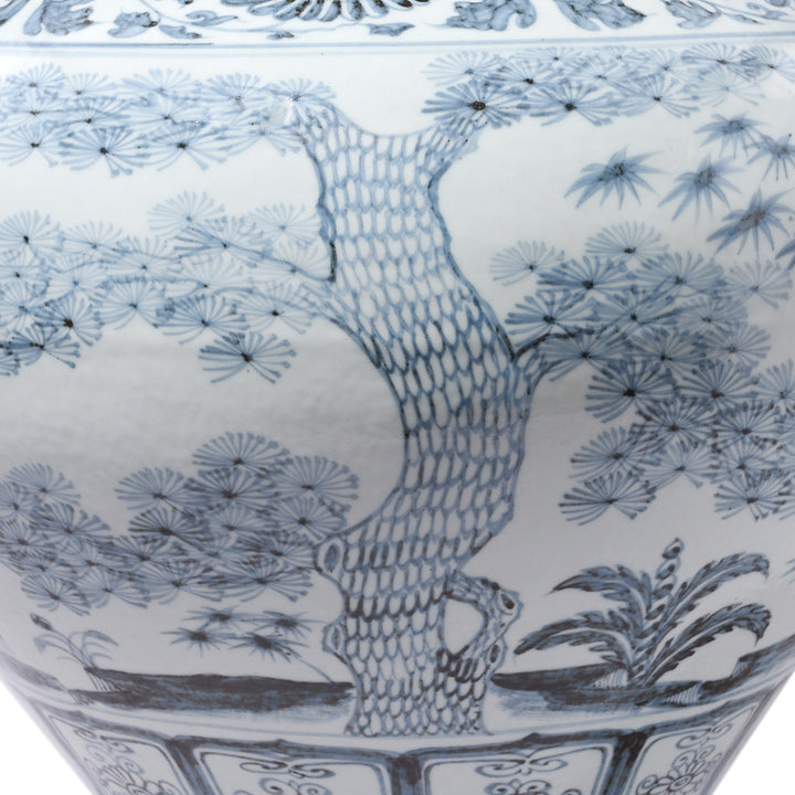 Tree Detail From Blue & White Porcelain Frilled Temple Jar With Lid | Indigo Antiques