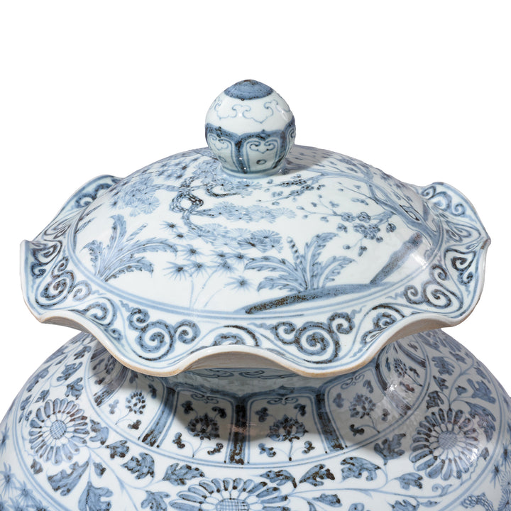 Lid Detail From Blue & White Porcelain Frilled Temple Jar With Lid | Indigo Antiques