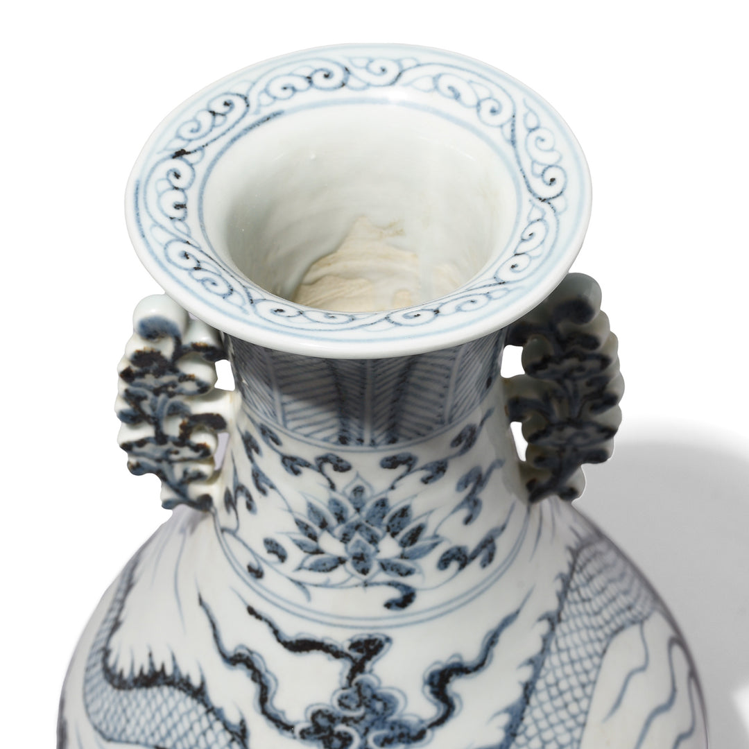 Interior View Of Blue & White Porcelain Flower Vase - Dragons | Indigo Antiques