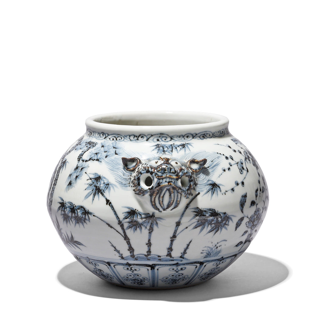 Tiger Head Side Of Blue & White Porcelain Jardinière - Trees | Indigo Antiques