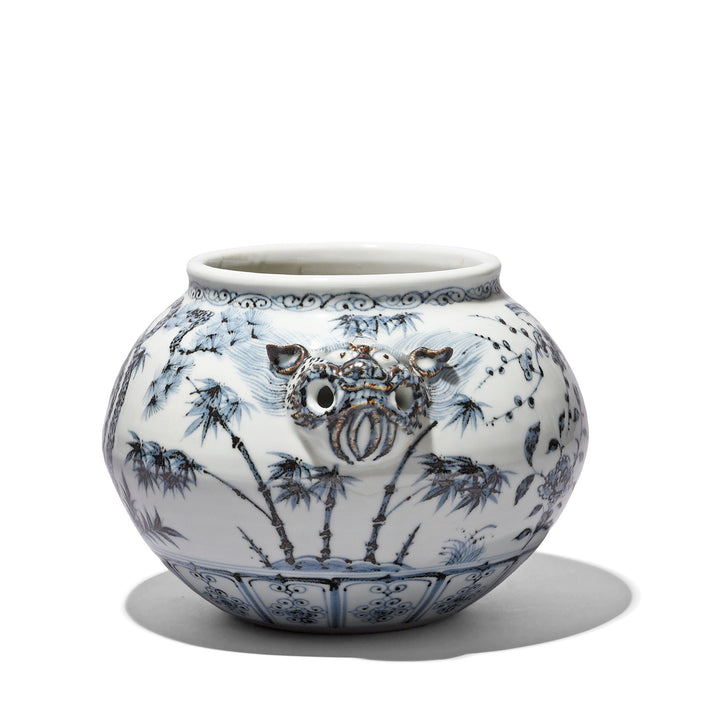 Tiger Head Side Of Blue & White Porcelain Jardinière - Trees | Indigo Antiques