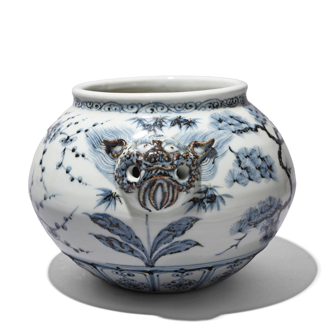 Tiger Head Side Of Blue & White Porcelain Jardinière - Trees | Indigo Antiques