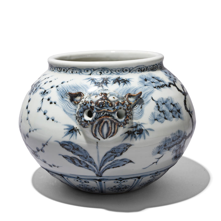 Tiger Head Side Of Blue & White Porcelain Jardinière - Trees | Indigo Antiques