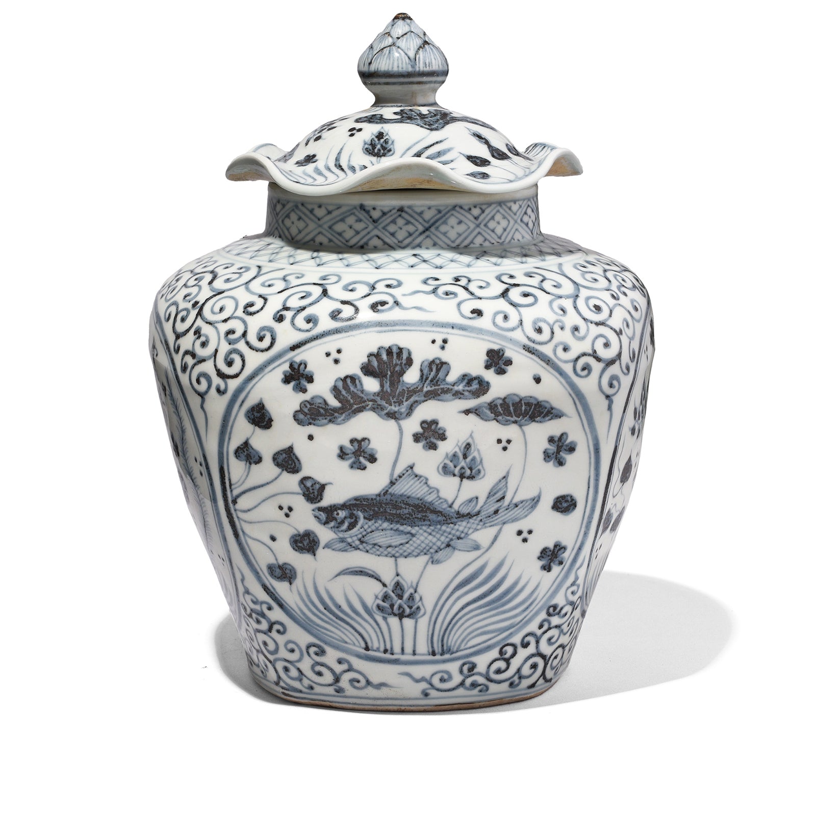 Blue & White Porcelain Frilled Ginger Jar  - Fish | Indigo Antiques