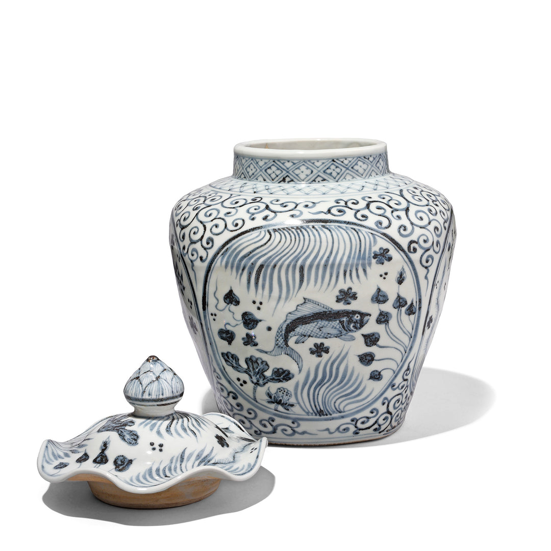 Lid Off View Of Blue & White Porcelain Frilled Ginger Jar  - Fish | Indigo Antiques