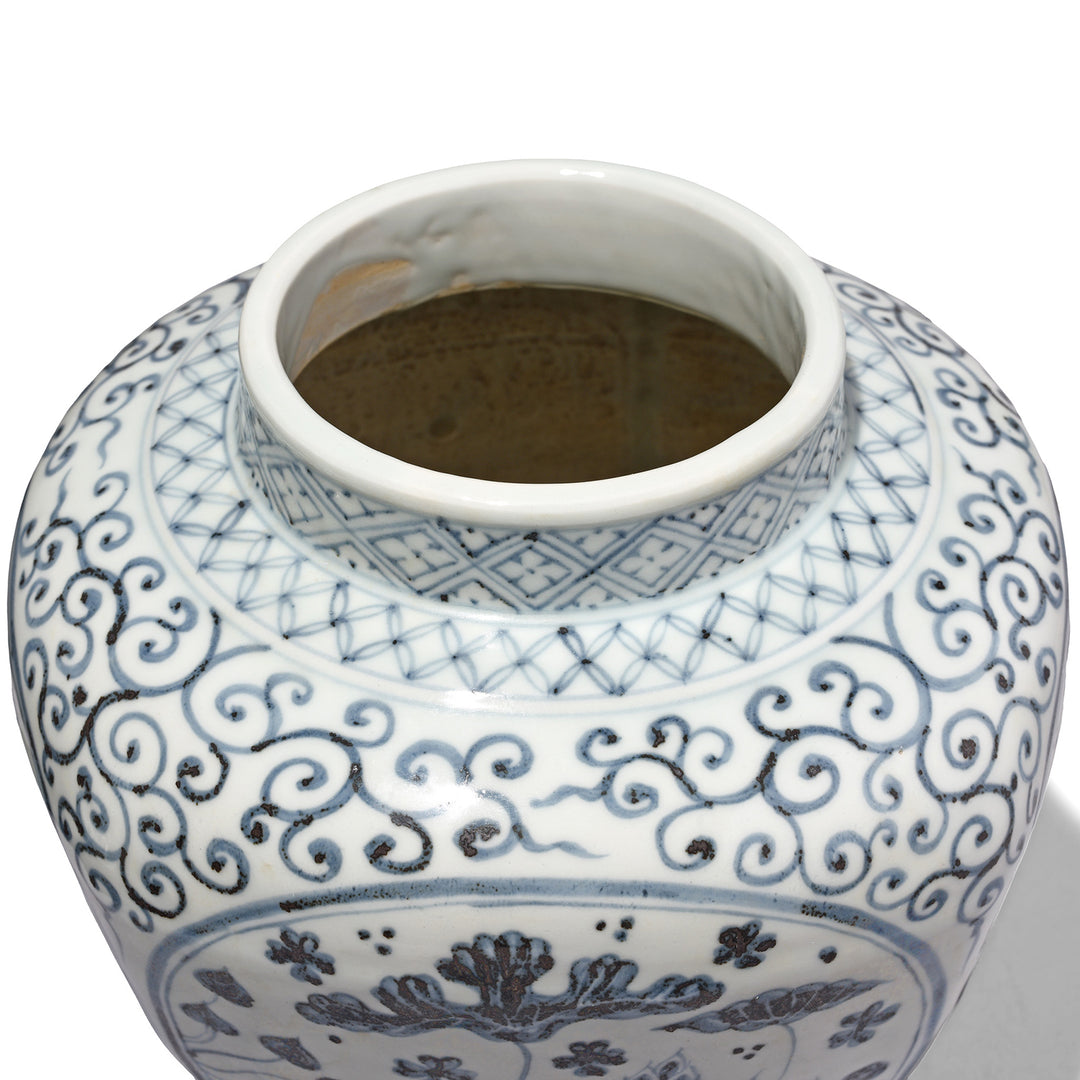 Interior Of Blue & White Porcelain Frilled Ginger Jar  - Fish | Indigo Antiques