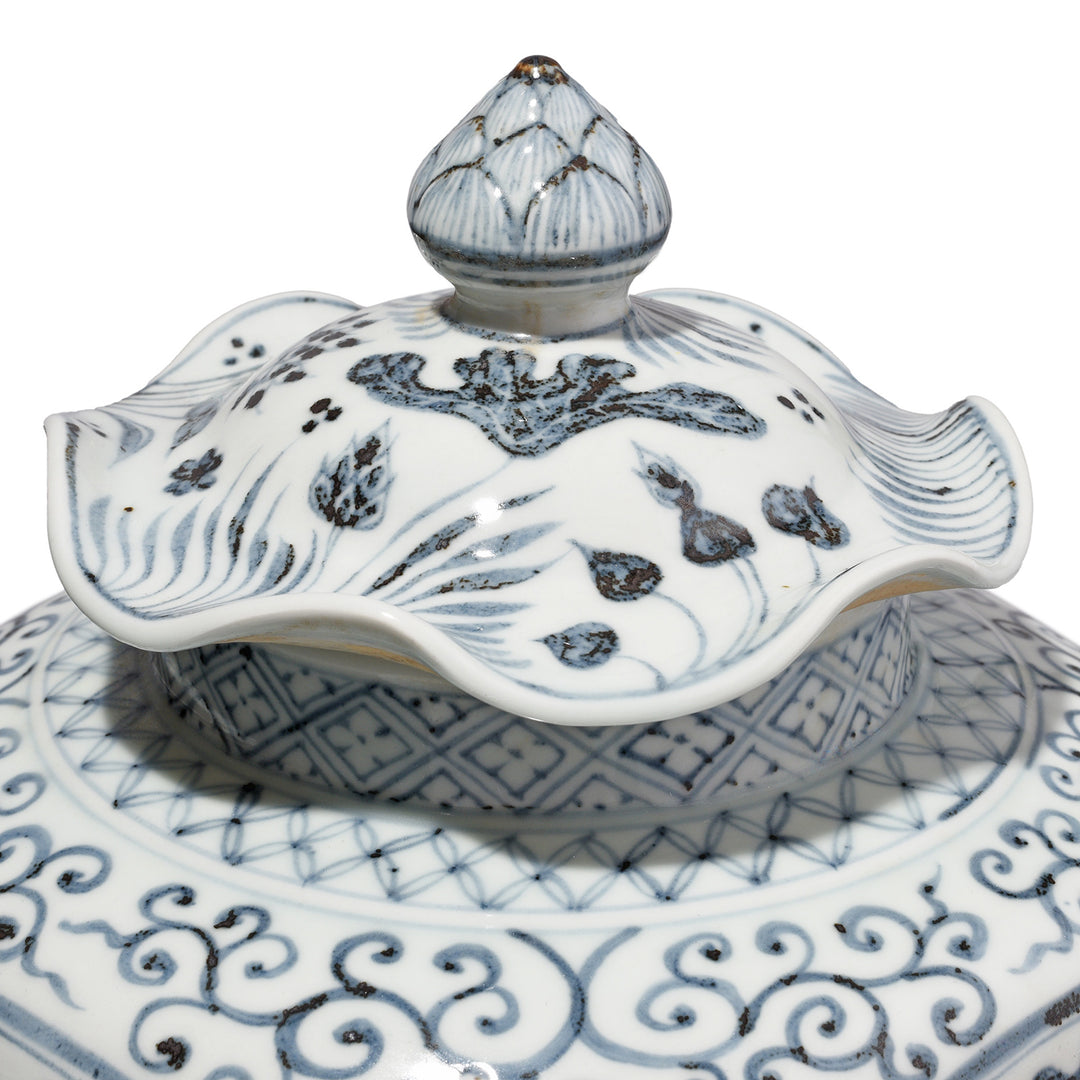 Lid Detail From Blue & White Porcelain Frilled Ginger Jar  - Fish | Indigo Antiques