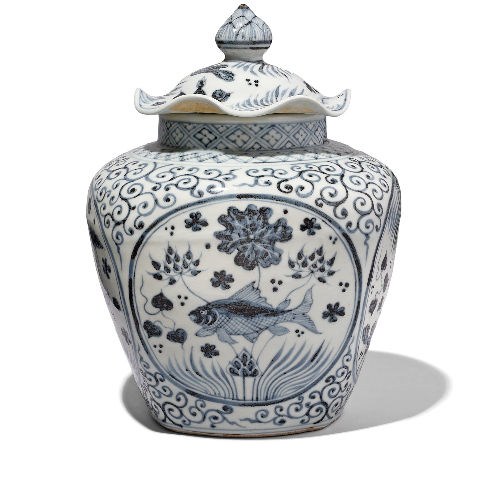 Blue & White Porcelain Frilled Ginger Jar  - Fish | Indigo Antiques