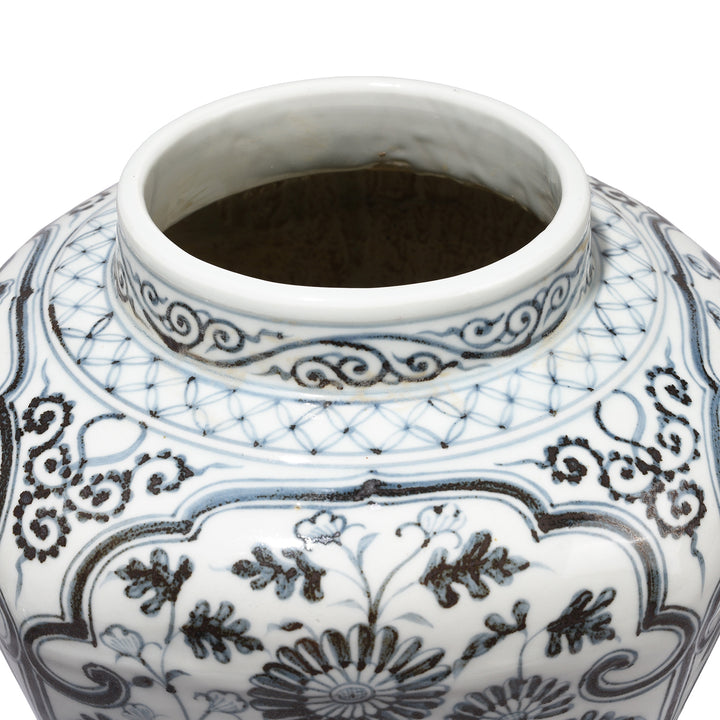 Rim Detail From Reproduction Chinese Hongwu Blue & White Porcelain Frilled Tea Caddy - Peony | Indigo Antiques