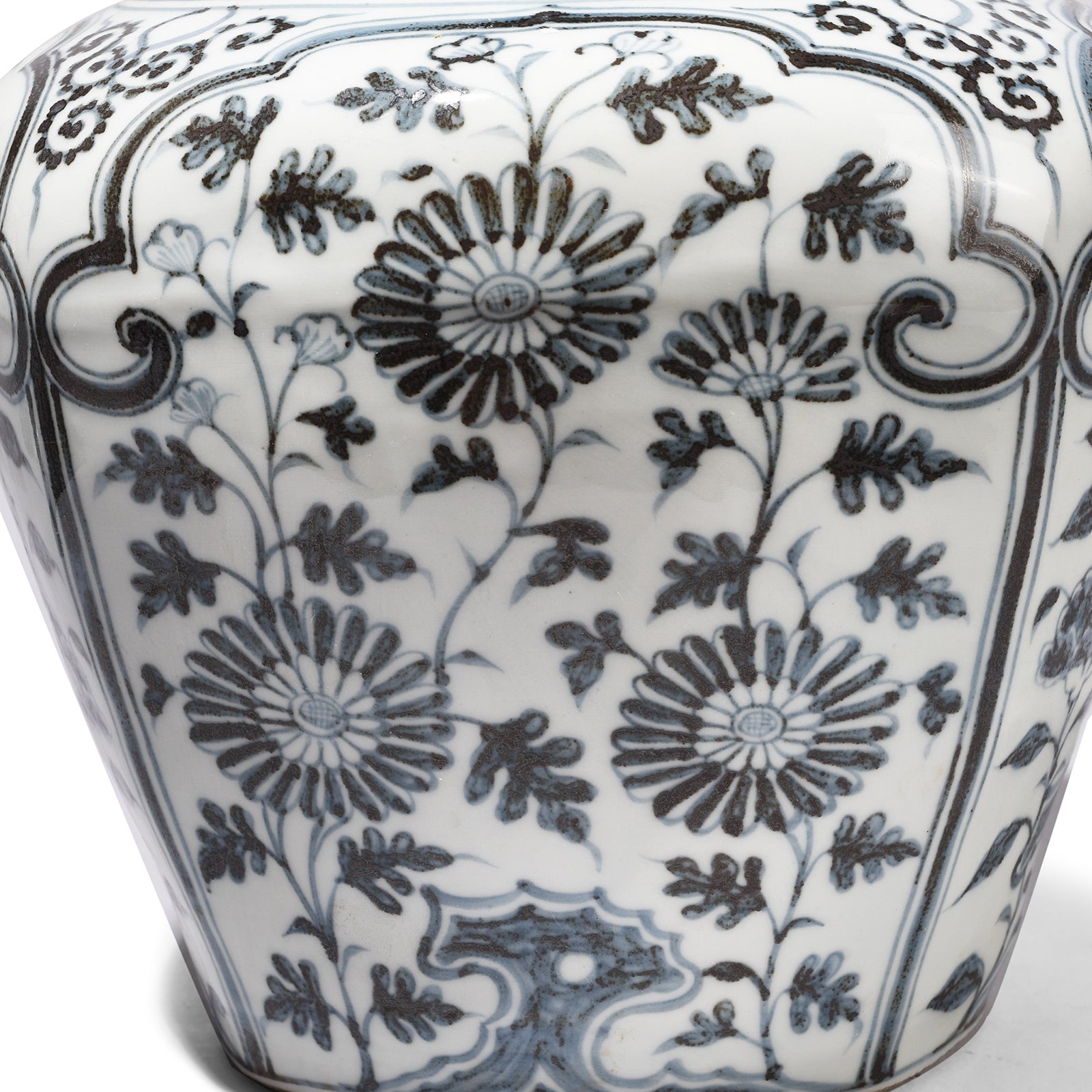 Flowers Detail From Reproduction Chinese Hongwu Blue & White Porcelain Frilled Tea Caddy - Peony | Indigo Antiques