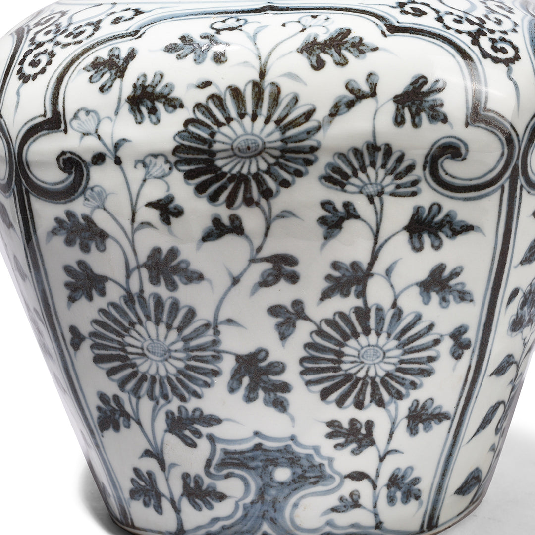 Flowers Detail From Reproduction Chinese Hongwu Blue & White Porcelain Frilled Tea Caddy - Peony | Indigo Antiques